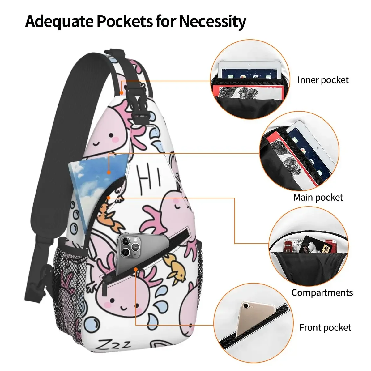 Swimmy Axolotls Chest Bag Men Sling Crossbody Backpack Chest Bag Travel Hiking Daypack Shoulder Bag