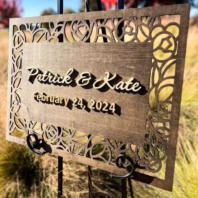 Creative Custom Engagement Outdoor Decorative Panel Greeting Guests 3D Hollow Carving Wood Plaid Wedding Welcome Sign