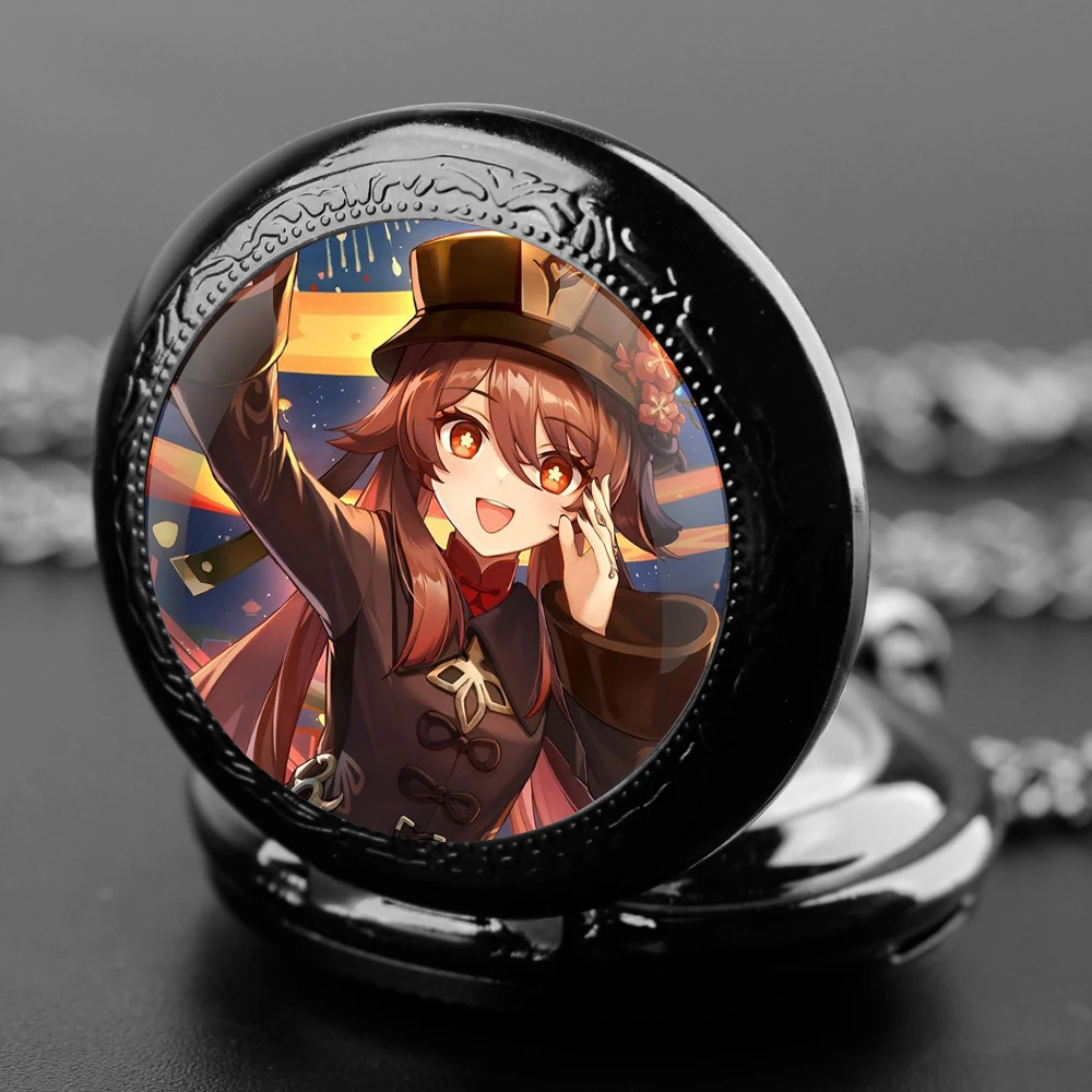 Pocket Watch with Game Characters Design under Glass Dome Boasts Chain and Arabic Numeral Dial Suitable Halloween Gifts