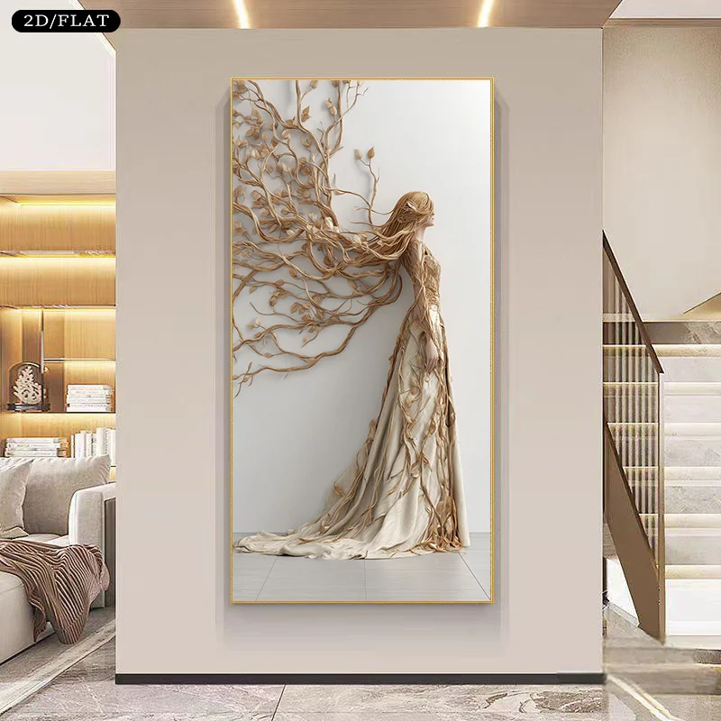 2D/Flat Large Abstract Beige Golden Leaf & Vine Woman Canvas Wall Art