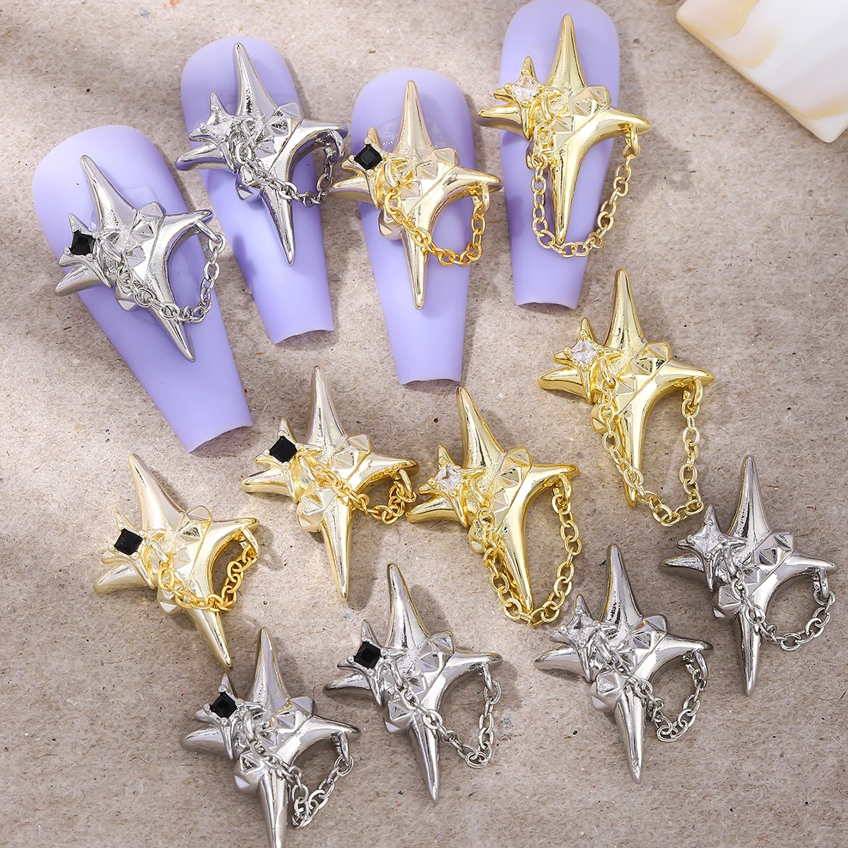 4 gold and silver stereo star chain pendant nail decoration, European and American style y2k metal diamond simple nail drill