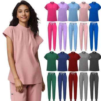 여성 의료 유니폼 스크럽 세트 병원 수술 가운 반팔 탑 바지 간호 액세서리 의사 의류