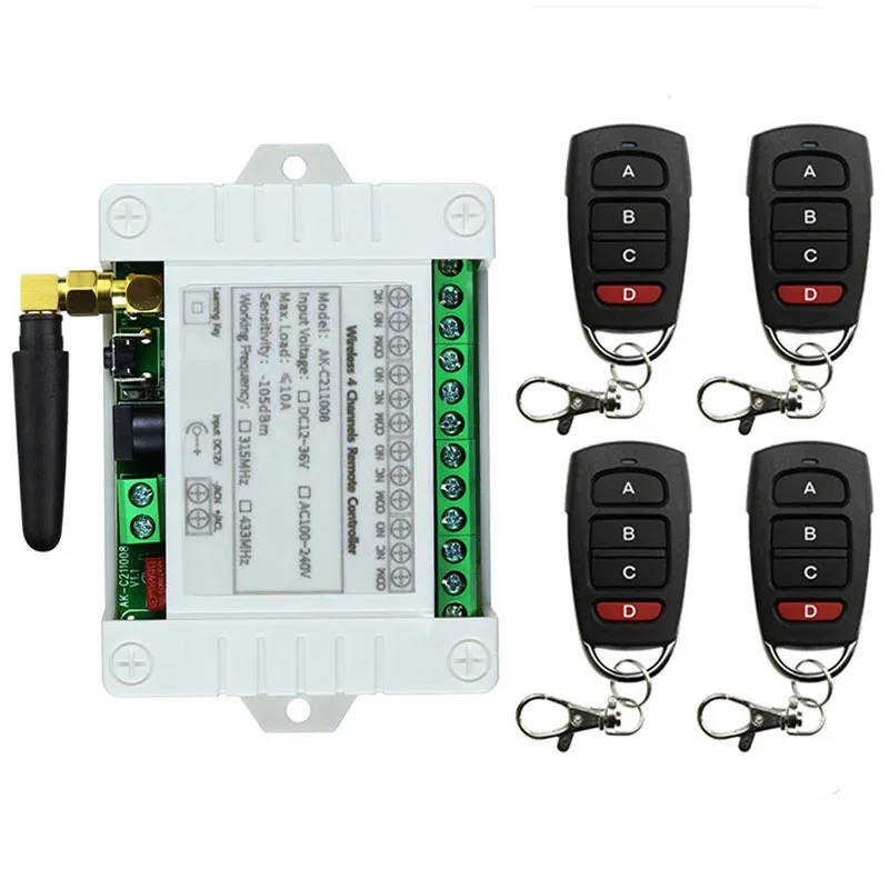 Remote Control Nirkabel Universal DC 12V 24V 36V 4CH 10A Modul Penerima Relai RF Switch Remote Control untuk Pembuka Gerbang Garasi