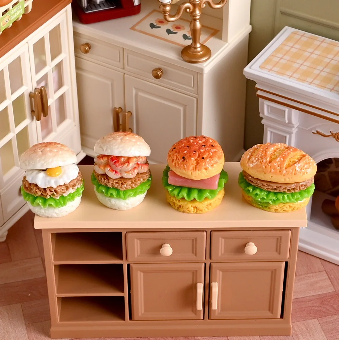 5pcs Cartoon Burger Miniature Resin Food Toy Cute Grain Doll House Kitchen Decoration