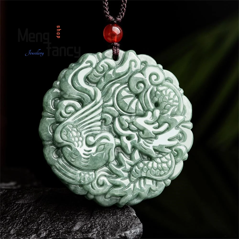 

Natural A-goods Jadeite Bean Seed Dragon and Phoenix Couple Pendant Exquisite Engraver Handicraft Mascots Fashion Luxury Jewelry