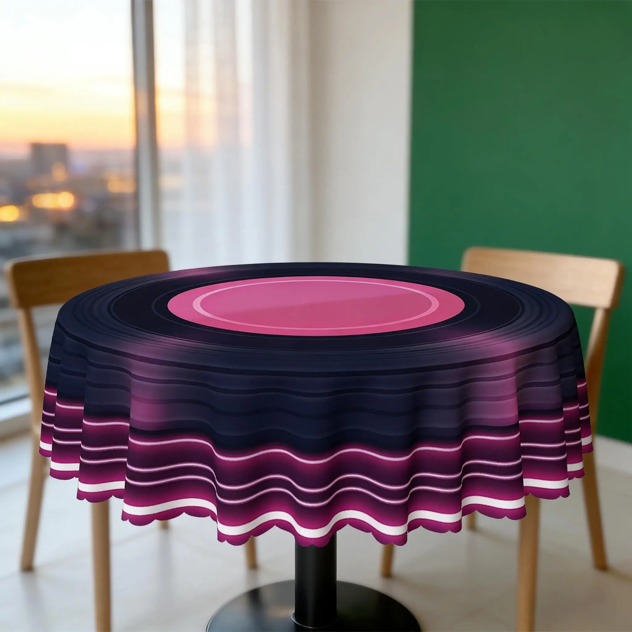 1pc Purple-Black Record Theme Round Tablecloth, with Cool Beats Pattern Design