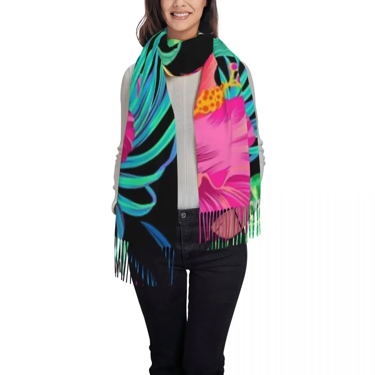 Drive You Mad Hibiscus Pattern New Fashion Cashmere like Scarf Tassel Warm Mens and Womens All Match Shawl Scarf