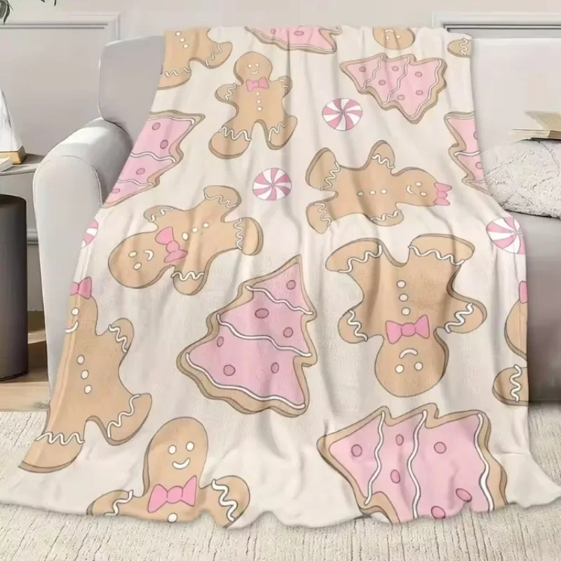 1pc Flannel Blanket Christmas Theme Pink Gingerbread Biscuit Pattern, Can Be Used for Sofa Lunch Break Travel Holiday Gift