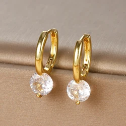 Girl's Sweet Zircon Hoop Earrings Stainless Steel Gold Colour Ear Button Korean Fashion Jewelry For Woman Elegant Accessories