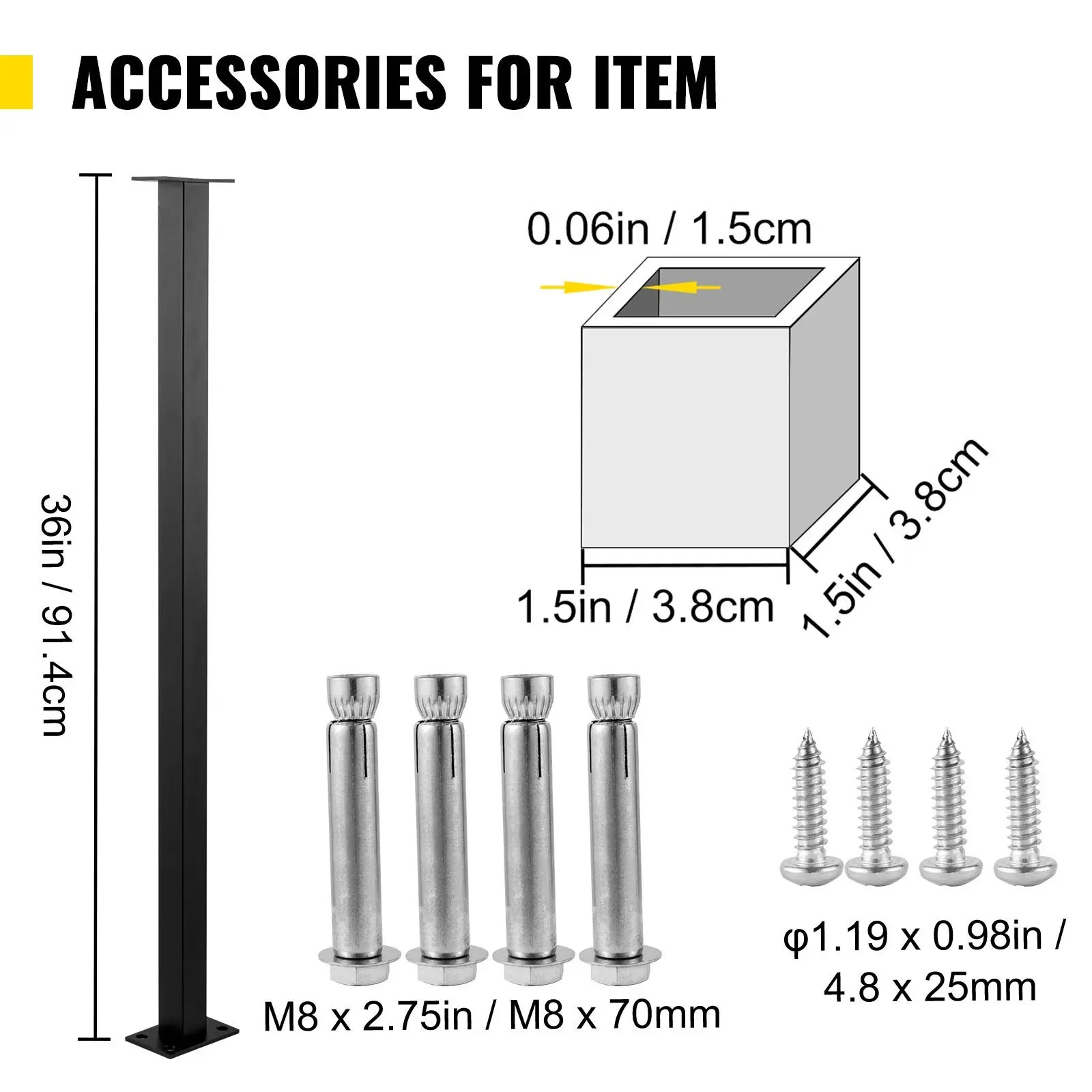 VEVOR Binario per cavi Livello per ponte Palo per scale 36 x 1,5 x 1,5 "Palo per corrimano per cavo Finitura spazzolata in acciaio inossidabile Ringhiera per ponte D