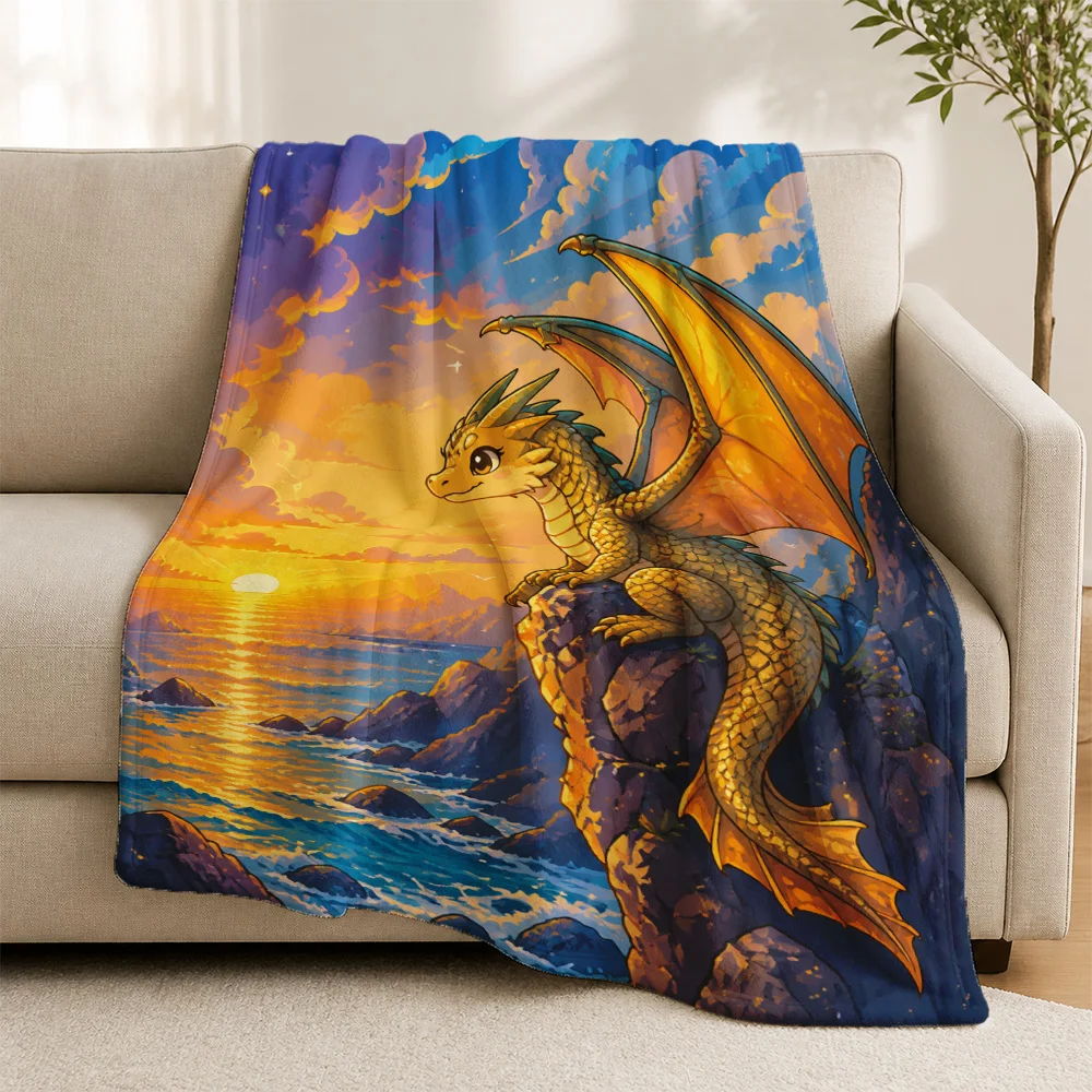 Vibrant Dragon Sunset Fantasy Throw Blanket for Sofa Couch Decor Mythology Ocean Art Home Accent Gift Cozy Bedroom Living Room D