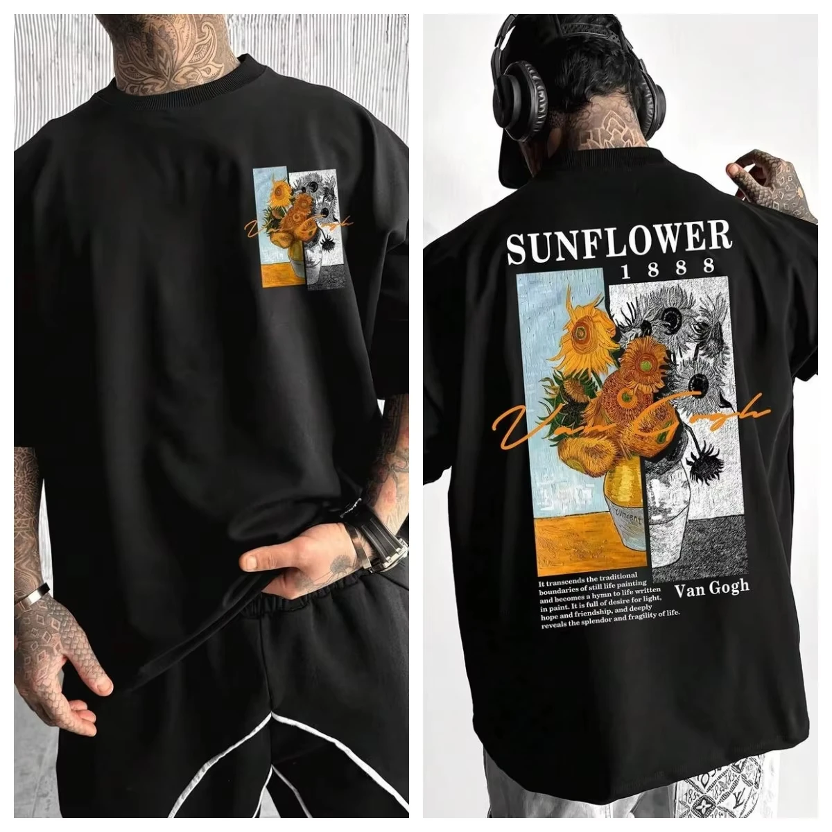 Men's Casual Graphic Tee, Van Gogh Sunflower Painting Digital Print Design, Loose Fit Crew Neck Pullover T-Shirt