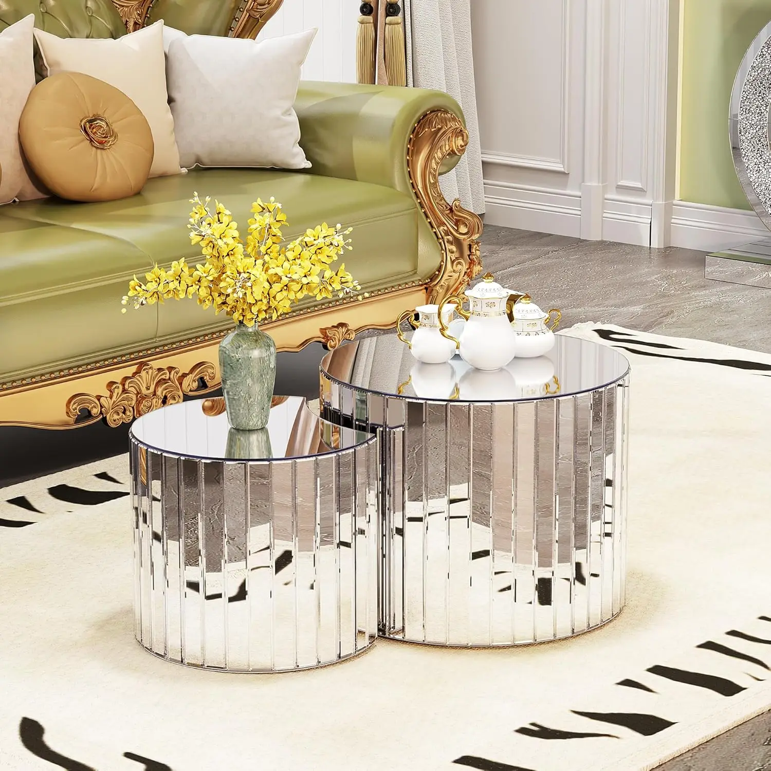 

18.89" Silver Modern Luxury Nesting Coffee Table Set (2PCS) - Mirrored Round End Table,