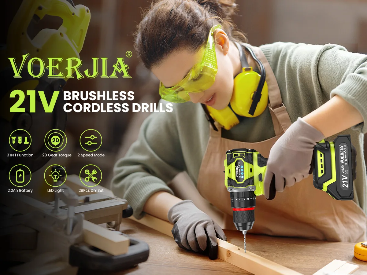 VOERJIA 21V Bürstenloser Akku-Bohrschrauber, 750W Elektrobohrmaschine mit 2 Akkus 2000mAh, 20+3 Drehmoment-Akku-Bohrmaschine, 3/8" Bohrfutter, 60N. – Detail 1