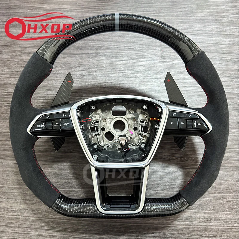 Carbon Fiber Steering Wheel Alcantara With Carbon Fiber Trims and Paddle Shifters For Audi A6 S6 RS6 C8 2019-2024