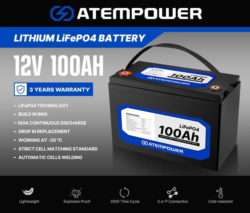 ATEM POWER Rechargeable Sealed Deep Cycle Marine 4WD 12V 100Ah LiFePO4 Lithium Iron Battery