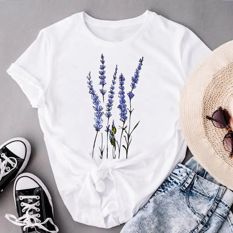 T-shirt manches courtes femme, estival et régulier, à la mode, avec image de fleurs imprimées des années 90