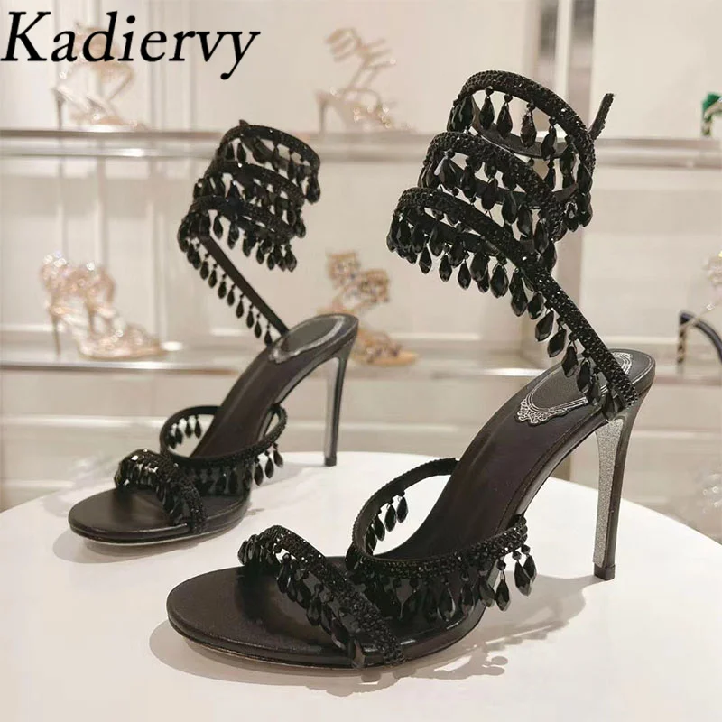 

Summer High Heels Sandals Woman Rhinestone String Bead Snake Twine Around Ankle Strap Wedding Shoes Heeled Sandals For Women