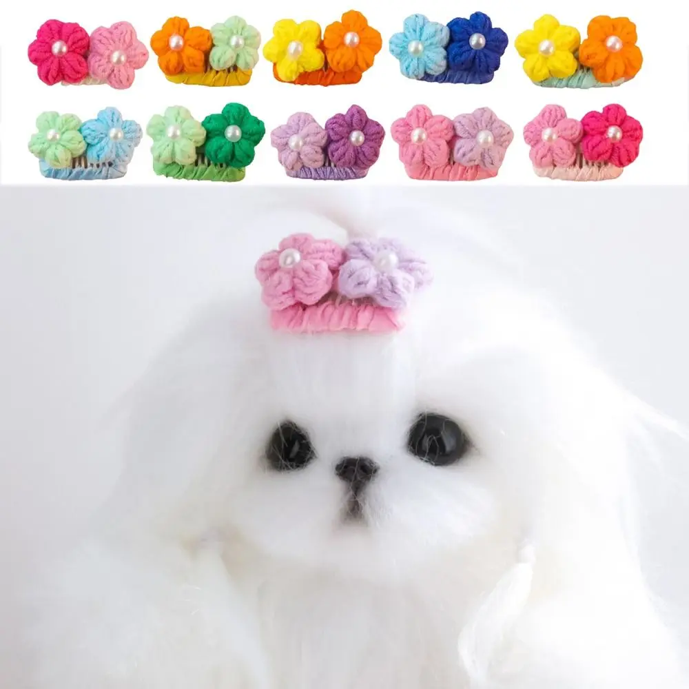 Cute Flower Shape Dog Hair Clip Wool Hand-knitted Colorful Puppy Barrette Candy Color Dog Hairpin Photography