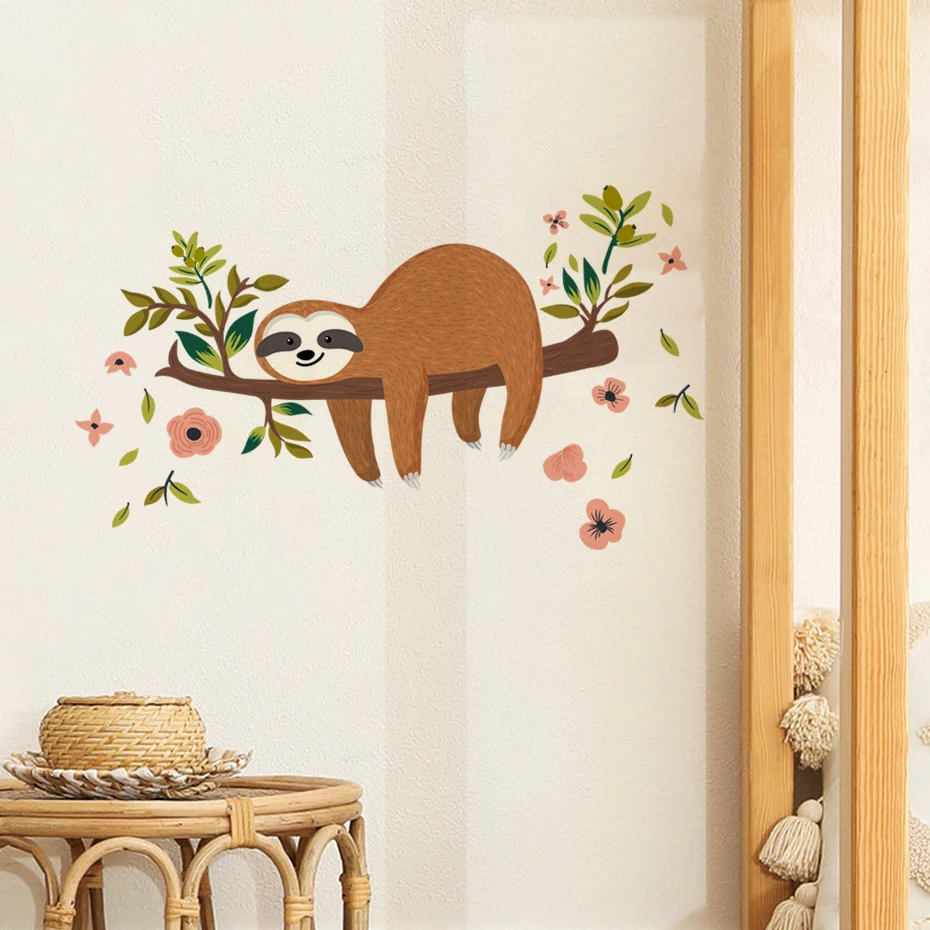 Cartoon Cute Sloth on Tree Animal Watercolor Wall Sticker Vinyl Baby Nursery Wall Decals Decorative for Kids Room Home Decor