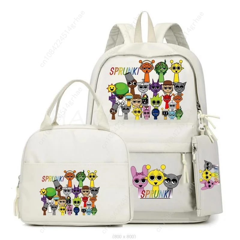 Tas Sekolah Anak Laki-laki Perempuan Sprunki 3Pcs/set, Ransel Warna-warni Remaja, Tas Buku Sekolah Kartun dengan Tas Makan Siang, Hadiah