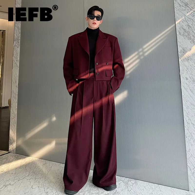 IEFB Men\'s  Two-piece Lapel Niche Design Solid Color Single Breasted Blazer Pleated Straight Wide Leg Male Suit Pants New 9C8389