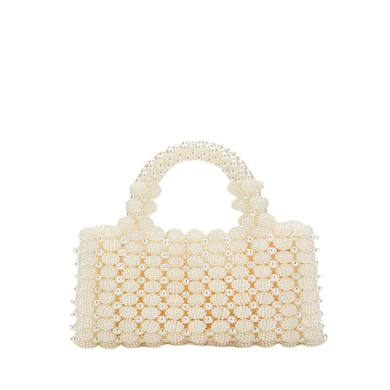 

Hand-Woven Beaded Evening Bag Casual Style Diamond Ball Pearl Dress Tote with Chain Decoration for Dinner Party Accessory