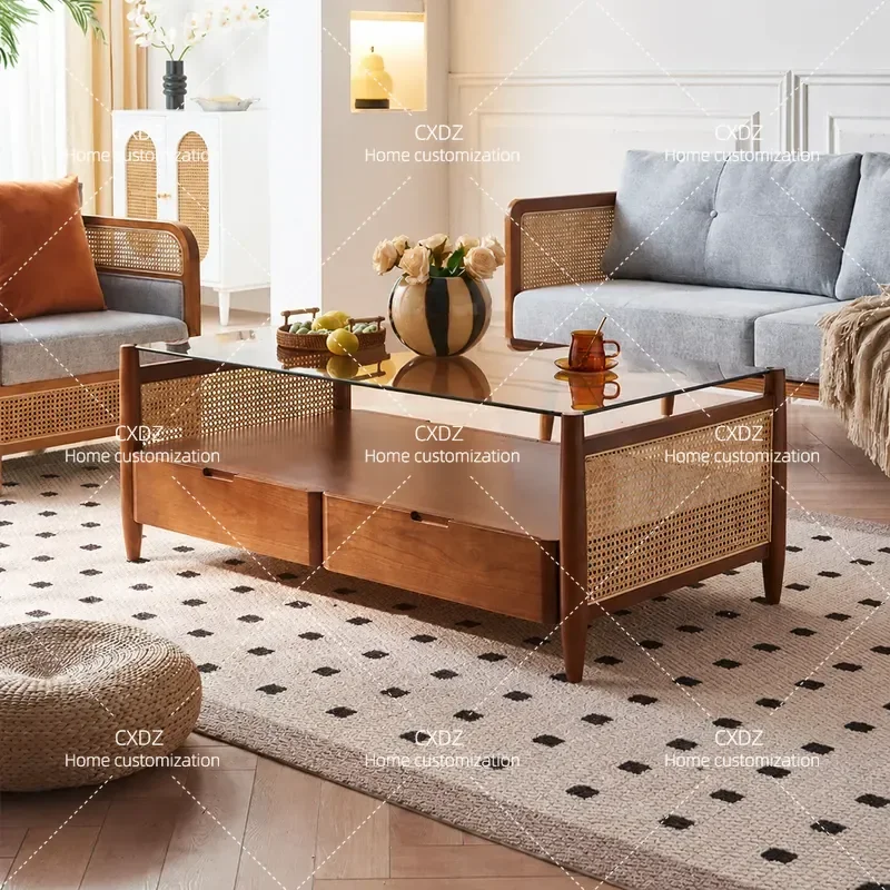 Japanese Wabi Sabi Coffee Table Solid Wood Rattan Tea Table Rectangular Living Room Furniture for Small Apartment Homestay