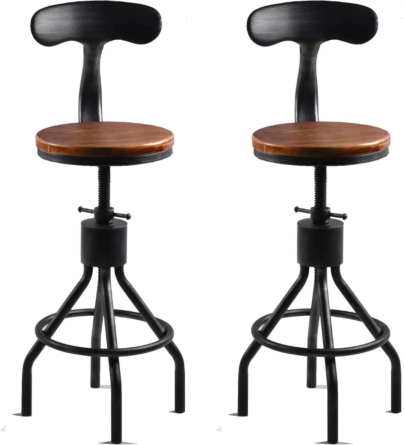 

Set of 2 Rustic Industrial Bar Stool-24-30 Adjustable Metal Swivel Wooden Top Barstools-Counter Height Extra Tall Bar Height-Vin