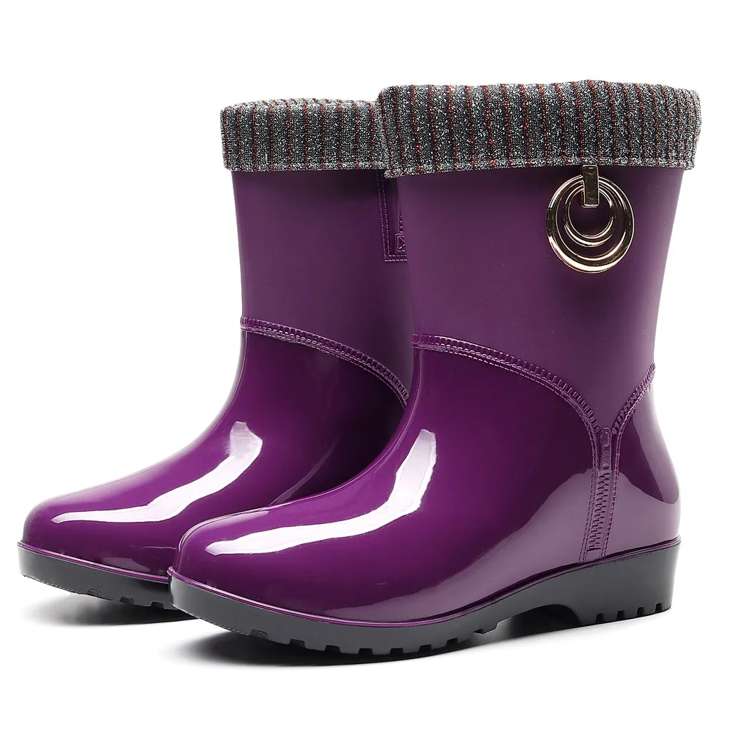 Rubber Rain Boots for Women Waterproof High Heel Fashion Girls Shoes Ladies Short Ankle PVC Rainboots Non-slip Fur Leather Boots