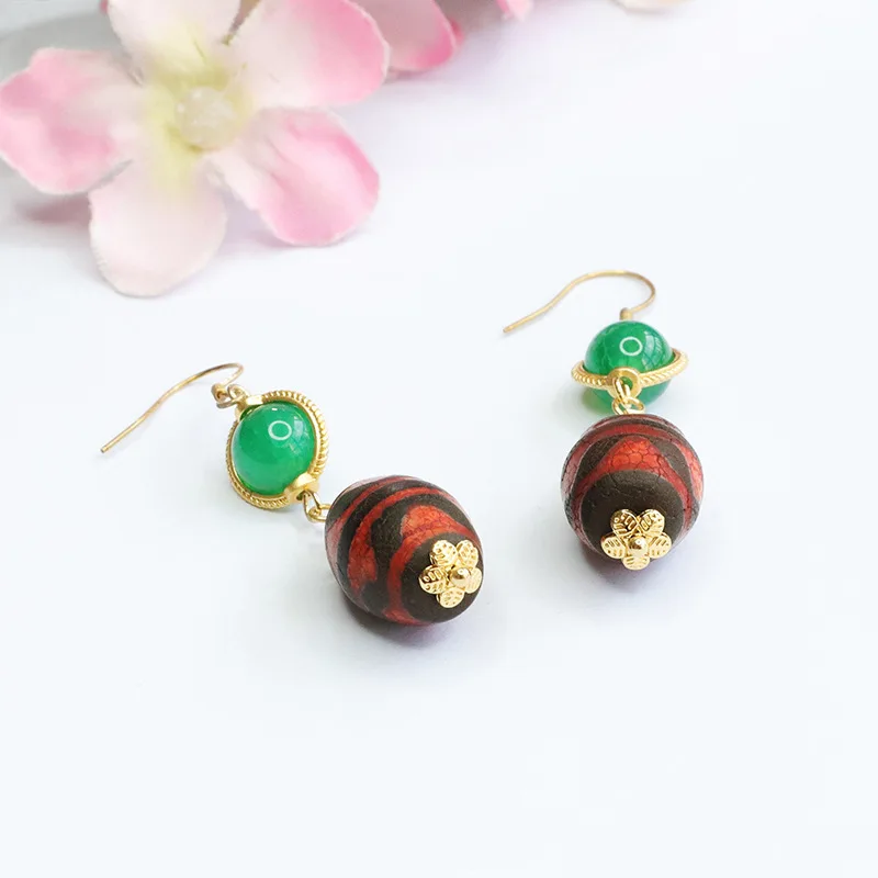 

Серьги-крючки из серебра S925 с инкрустацией водой, бусины дзи, агатовые серьги-крючки, ювелирные изделия в этническом стиле