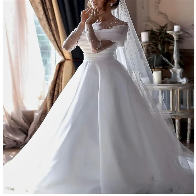 

Beach Simple Wedding Dresses Formal Wedding Dresses A-Line Illusion Neck Long Sleeve Floor Length Tulle Bridal Gowns With Ruched