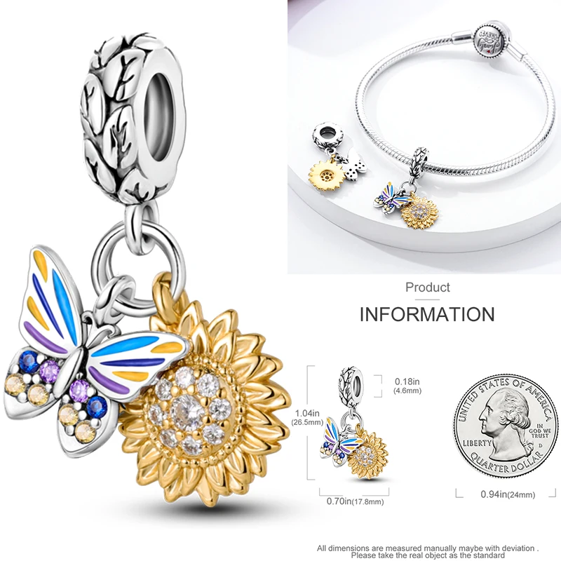 Katzen- und Sonnenblumen-Charm aus 925 Sterling Silber, gelbe Blume, Sonnenblume, Hausperlen, passend für Original-Armreifen, Damen-DIY-Schmuck – Detail 14