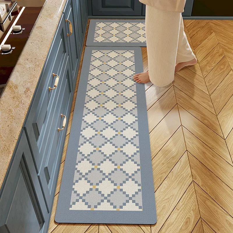 Floor Mat for Kitchen Retro Blue Style Pvc Leather Non-slip Carpet Oil-proof Waterproof Foot Mats Long Strip Home Decoration Rug