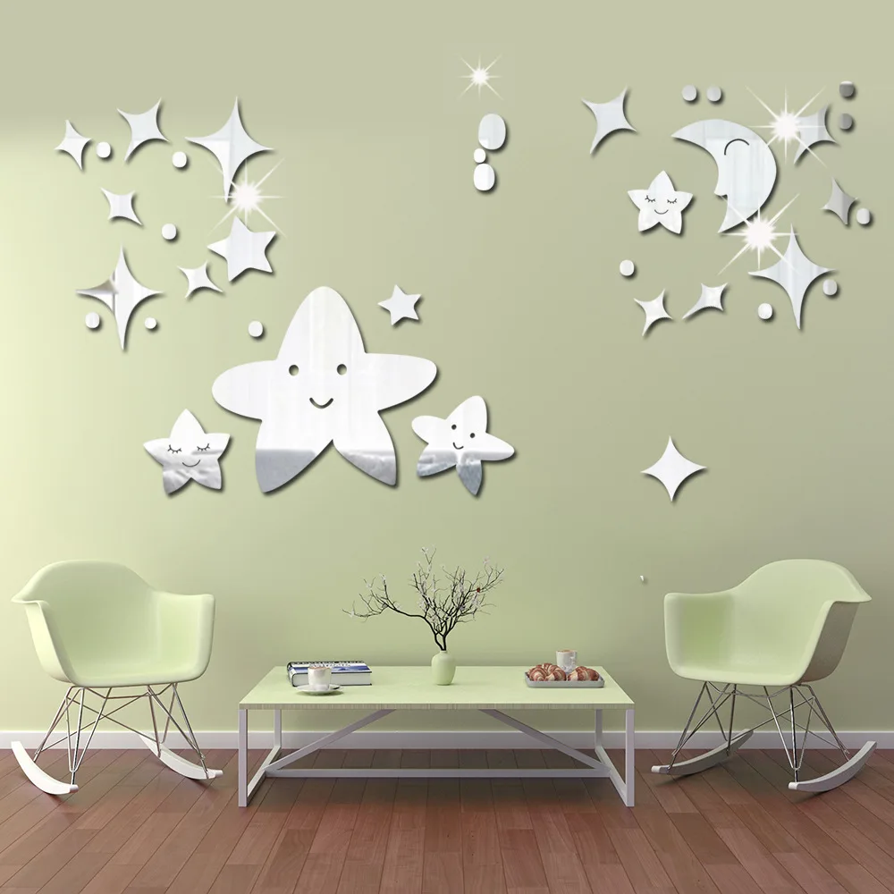 Creatieve Ster Maan Woonkamer Slaapkamer Backgroun Dmirror Muurstickers Acryl Spiegel Diy Decoratieve Stickers Kamer Decoratie