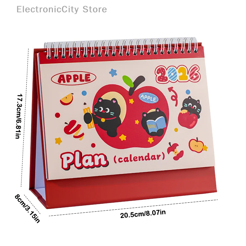 2026 Apple Cat Kalender, Tischkalender, hochwertiger Zeitmanagement-Kalender, Cartoon-Schreibtisch, doppelte Helix-Bindung für das Heimbüro