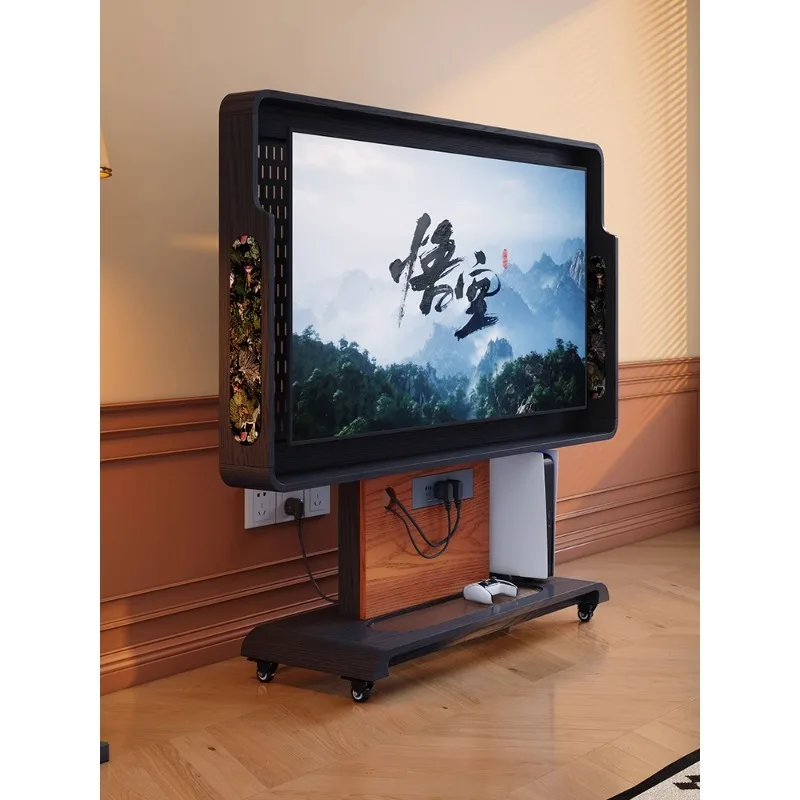 TV mobile bracket retro living room floor-to-ceiling antique solid wood movable