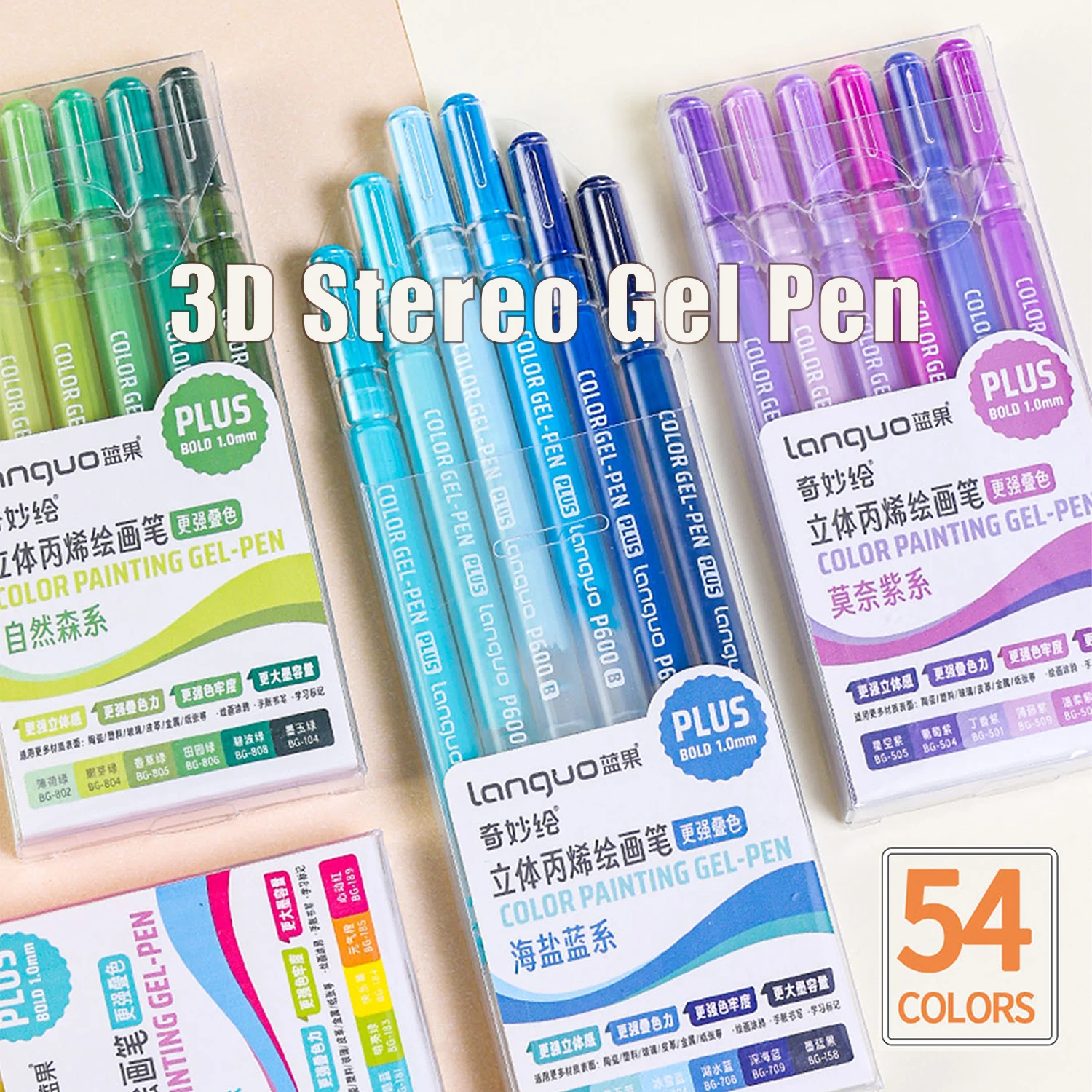 Bolígrafos de Gel Acrílico 3D de 54 Colores Blue Fruit, 6 Tarjetas Individuales, Serie de 15 Colores Bolígrafo de Presión de 1.0 mm con Flujo de Tinta Suave, Tinta de Alta Cobertura que Puede Colorear en Varios Materiales, Adecuado para Diario, Dibujo, Manualidades y Otros Proyectos Creativos, Es un Práctico Bolígrafo de Dibujo para Entusiastas del Arte y Estudiantes