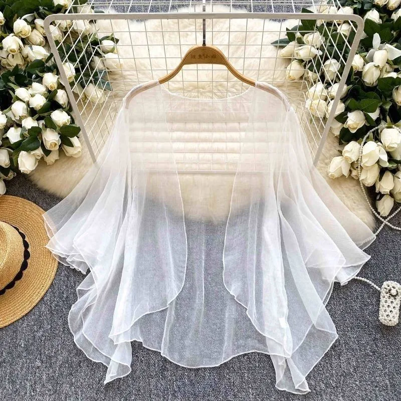 

2026 New Summer Women's French Minimalist Solid Color Mesh Cardigan Loose Slim Sweet Shawl Sun Protection