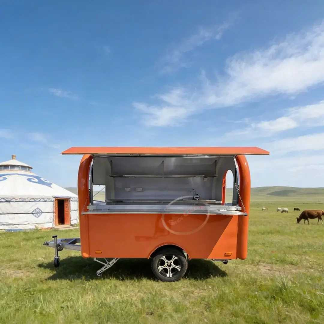 Fiberglass Mobile Food Trailer Catering Cart with Stainless Steel Workbench Fully Equipped for Business Use