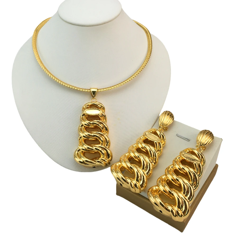 

Fashion Italian Dubai Gold Plated Jewelry Set Simple Style Big Pendant Necklace Light Weight Jewelry Set for Woman FHK19713