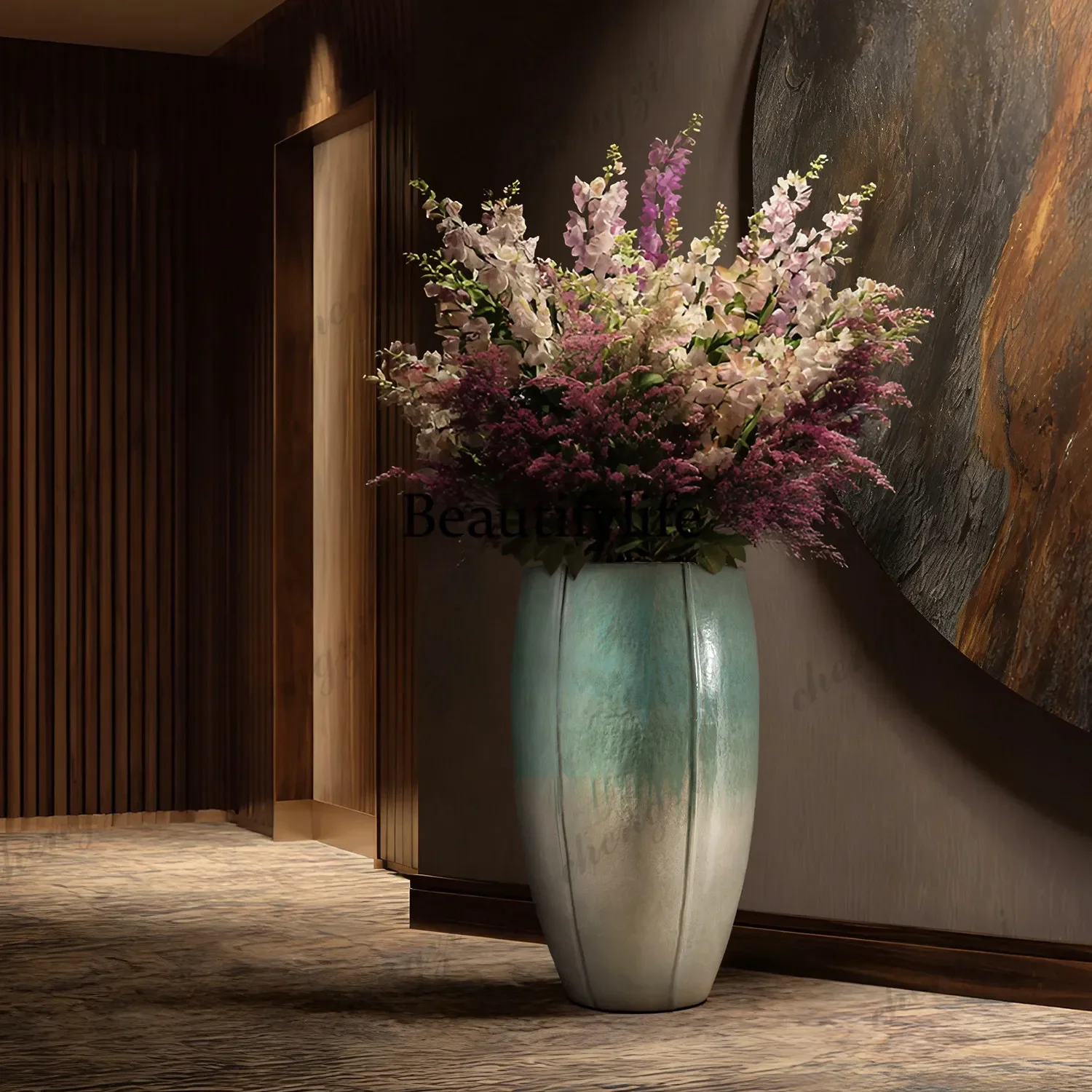 C178 Light luxury vertical pattern floor-to-ceiling large vase ceramic high living room flower arrangement hotel lobby ornament