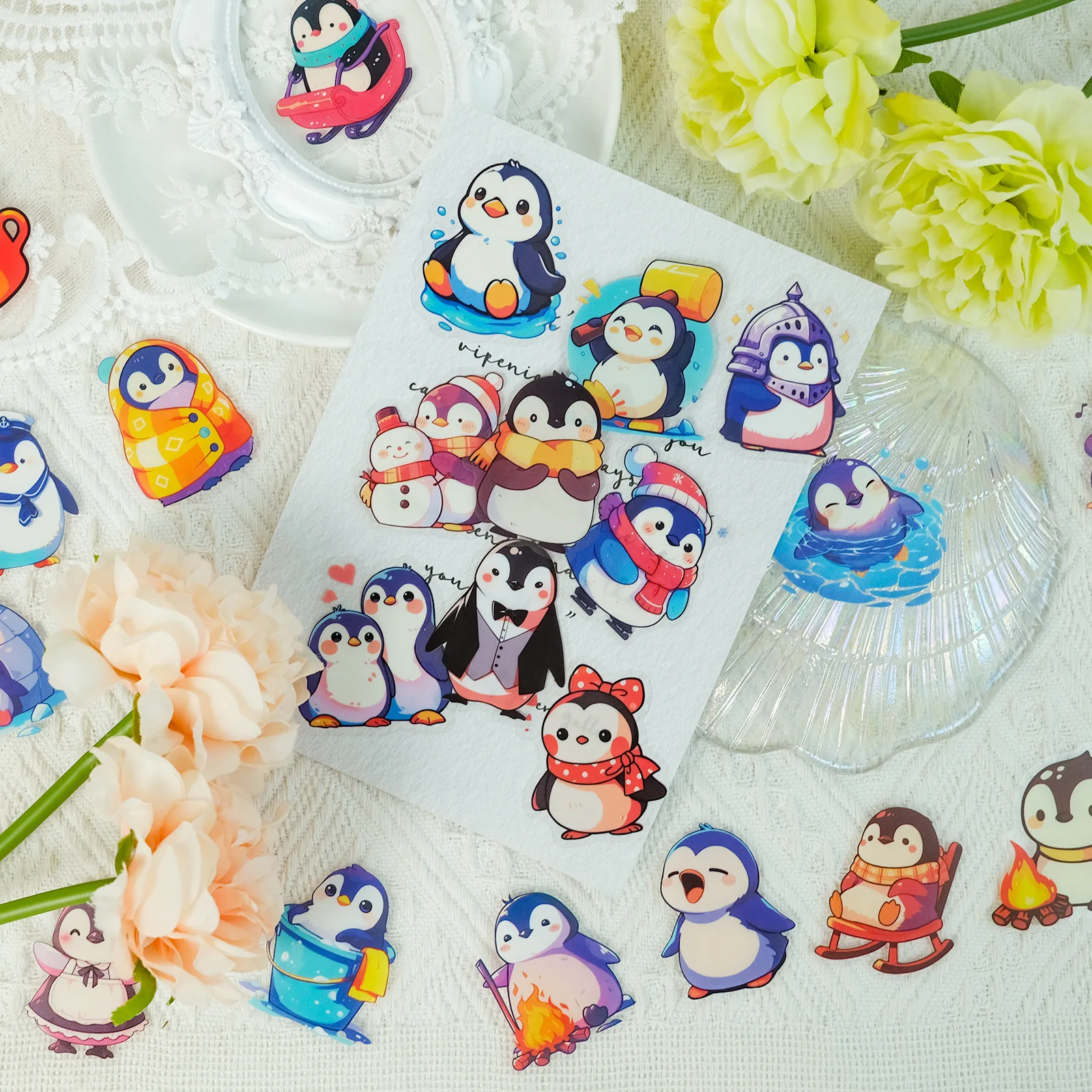 5PCS Cute Penguin PET Cartoon Waterproof Stickers, Decoration Luggage Notebook Laptop Window Sticker Decals