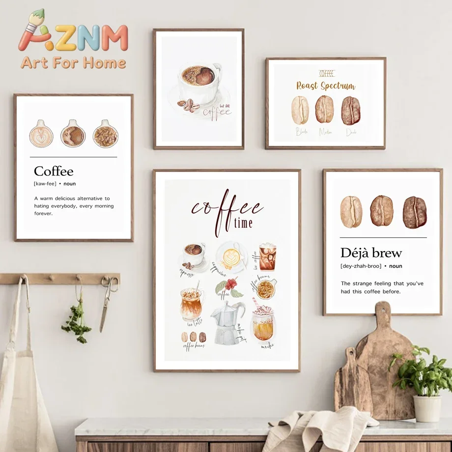 AZNM Watercolor Coffee Guide Canvas Print Set Unframed Coffee Bean Roast Spectrum Caffeine Molecule Definition Poster Kitchen Co