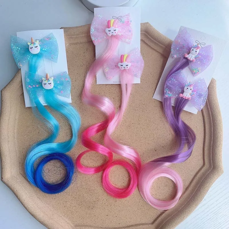 2PCS New Cute Princess Rainbow Bow Unicorn Wig Girls Hairpins Children Headwear Hairgrip Hair Clips Barrettes Hair Accessories