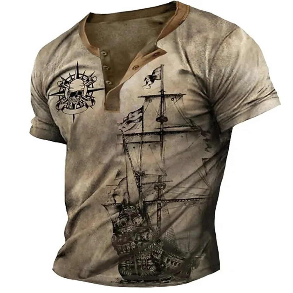 Men's Tees Funny 3D Skull Sailboat Print Henley Shirts Fashion Button Short Sleeve Casual Loose Tops Summer Men Vintage Clothes