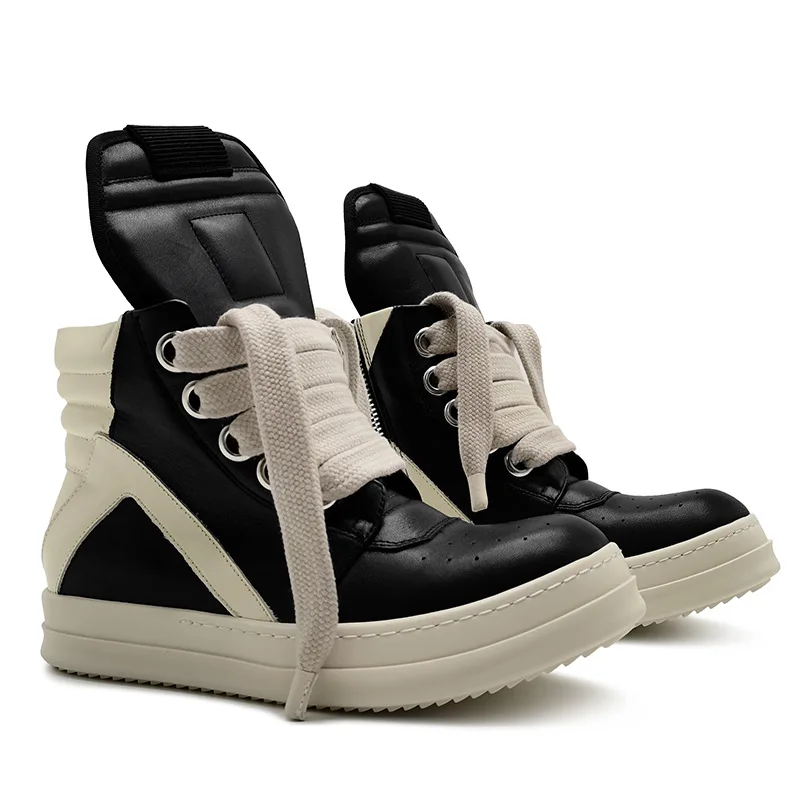 

Mens Genuine Leather Zipper Ankle Boots, High-top Inverted Triangle Thick Laces Platform Sneakers, High Street Club Party Shoes