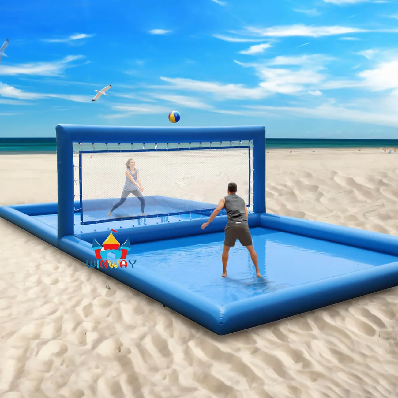 

Unisex PVC Inflatable Football Pitch and Water Volleyball Court with Built-in Blower Includes Repair Kits