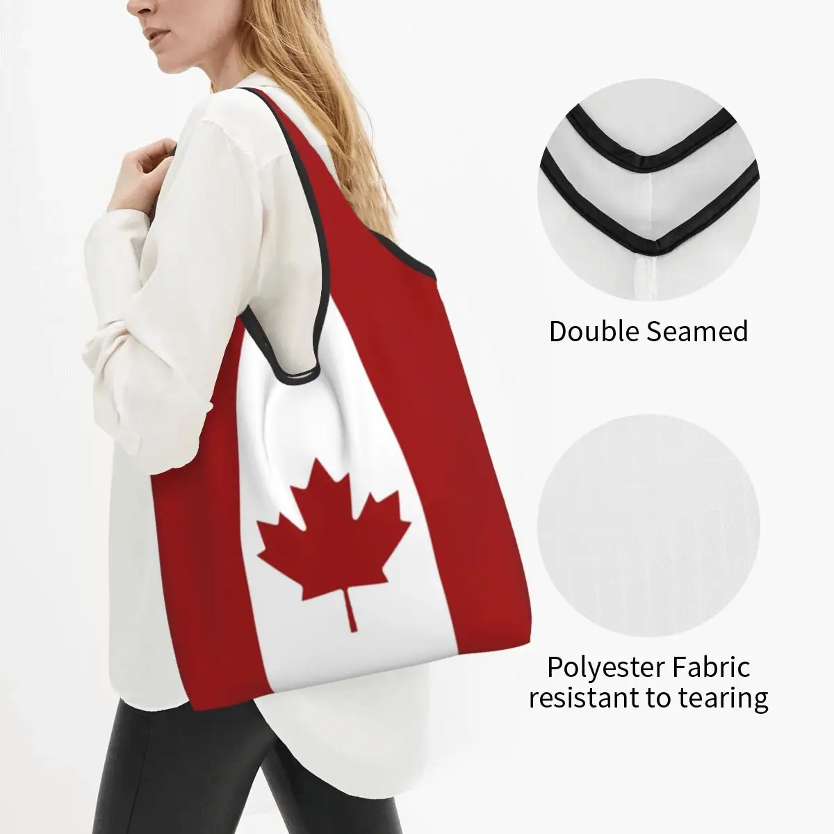 Canadian Flag Groceries Shopping Bag Kawaii Shopper Shoulder Tote Bag Large Capacity Portable Canada Flag Patriotism Handbag