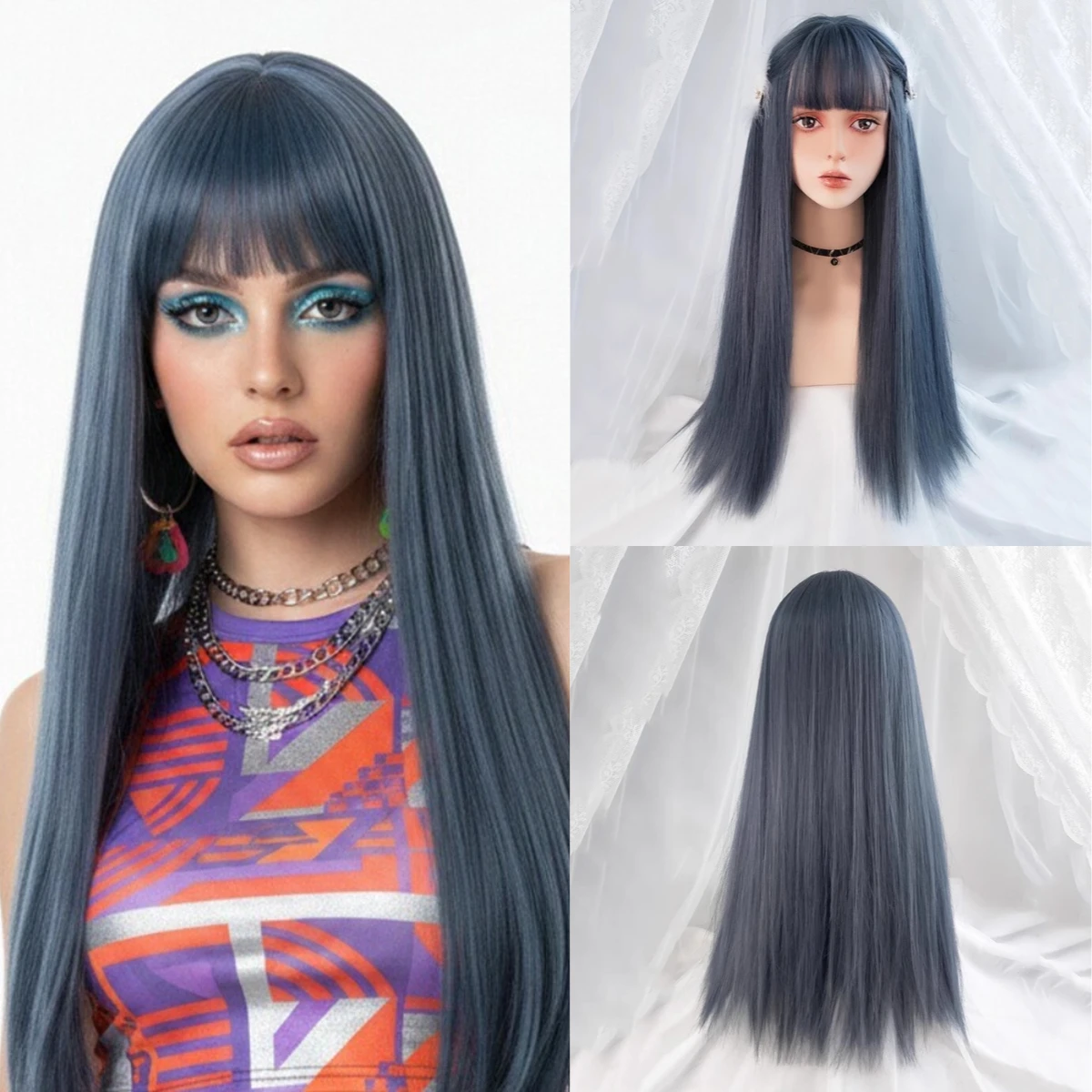 

Blue Gray Synthetic Wig Long Straight Hair Wig With Bangs For Women Heat-Resistant Cosplay Party Daily Use